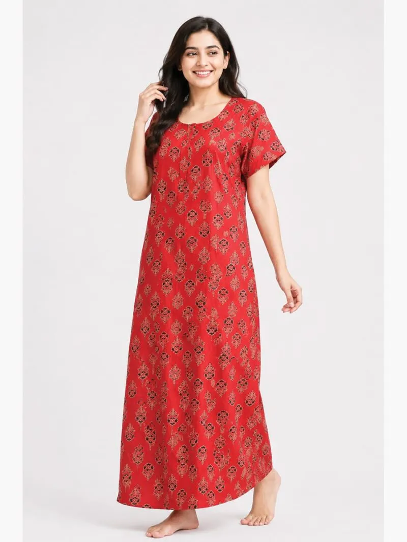 Women's Ajrakh Cotton Nighty – Red